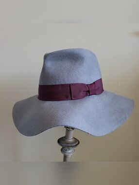 Grey Wool Wide Brim Fedora Hat Burgundy Ribbon Trim One Size